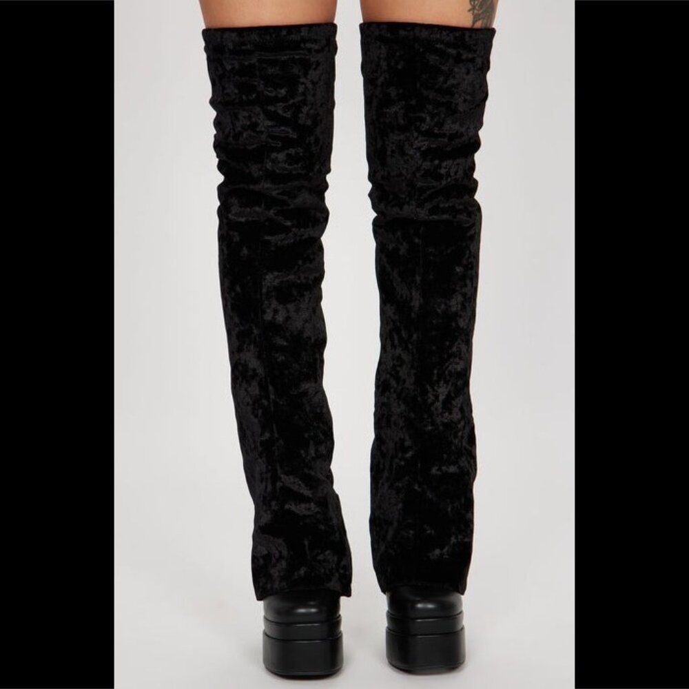 Unique Thigh High Black Velvet Fold over Skirted Chunky Heel Platform Boots - Picture 5 of 17